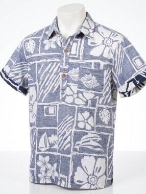 Vintage ROSS SUTHERLAND Reverse Print Hawaiian Henley Shirt (see measurements)